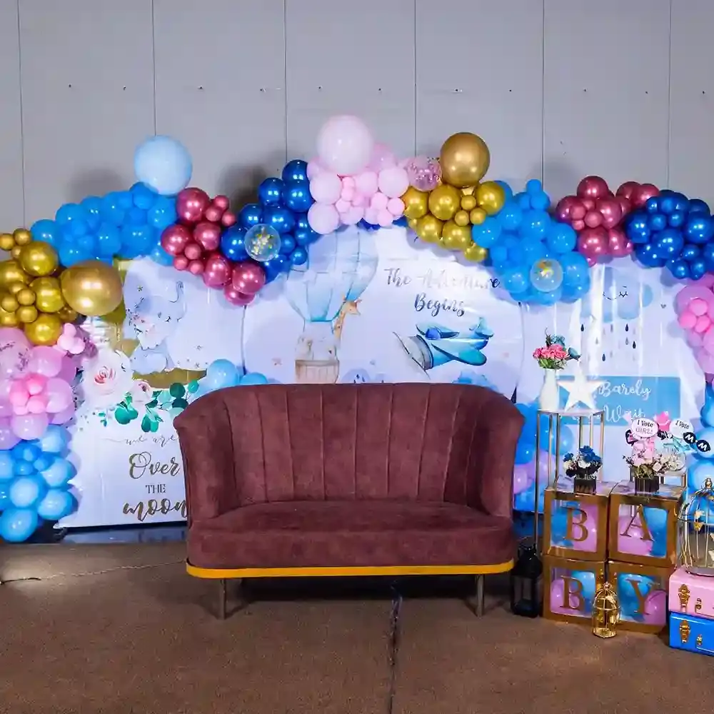 Theme Baby Mountain and compass baby shower decor setup